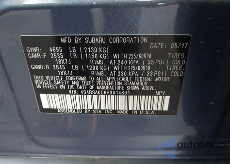 2017 Subaru Outback 2.5I Limited z USA, uszkodzony, nr VIN 4S4BSAKC6H3414891